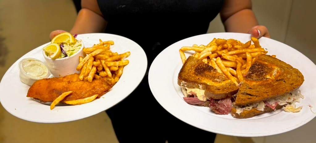 Fried fish and Reuben sandwich with fries at Westrail